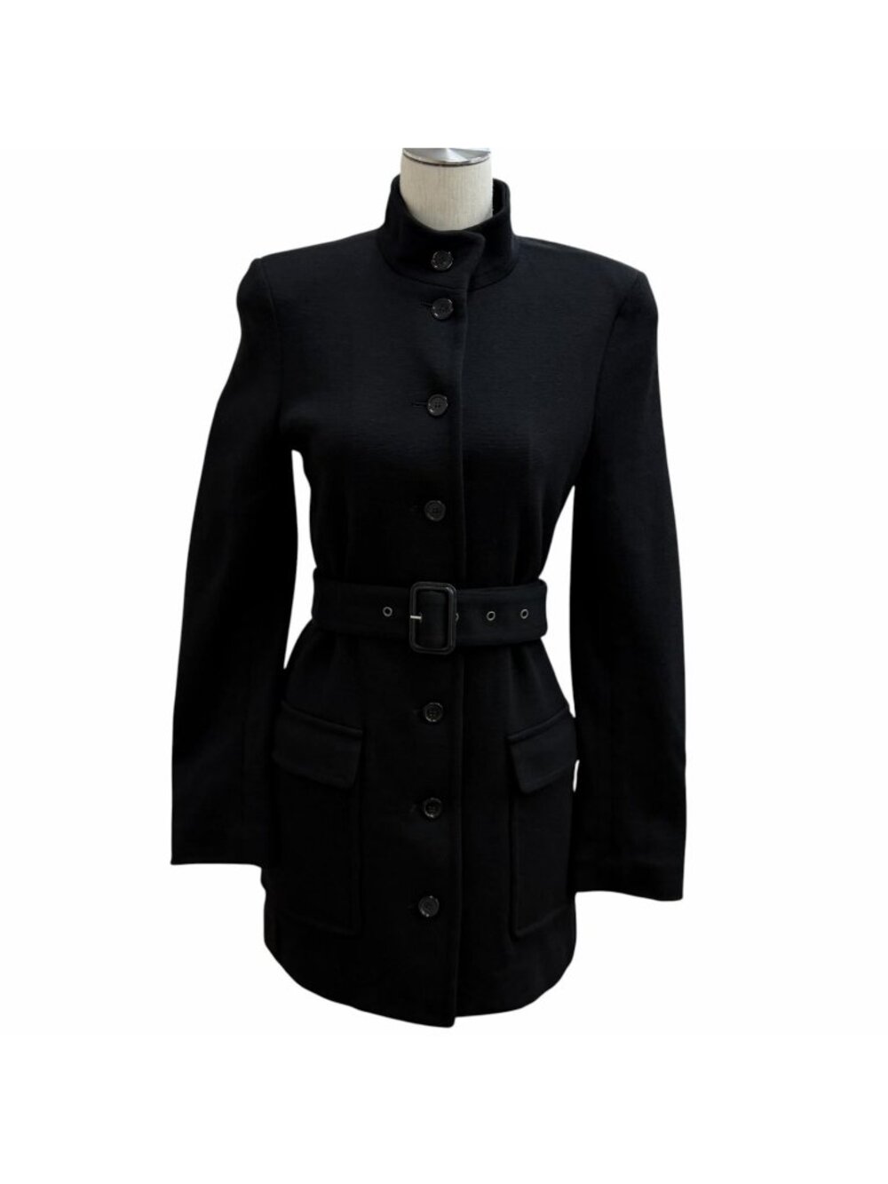 Saint Laurent Paris with Belt Logo Button High Neck Wool Coat Black IT 36